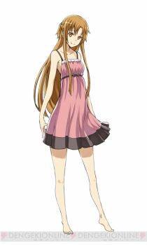 10s 1girl asuna_(sao) barefoot brown_eyes brown_hair collarbone dress female_focus full_body head_tilt long_hair looking_at_viewer simple_background smile solo standing sword_art_online sword_art_online:_hollow_realization watermark white_background