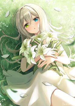 1girl :o absurdres amaneko_(amaneko_y) bare_arms blue_eyes bouquet commentary_request double-parted_bangs dress feet_out_of_frame flower grass green_eyes grey_hair hair_between_eyes hair_intakes hair_spread_out heterochromia highres holding holding_bouquet light_particles lily_(flower) long_hair looking_at_viewer lying off-shoulder_dress off_shoulder on_back on_ground open_mouth original outdoors petals short_dress sidelocks signature solo sunlight white_dress white_flower white_petals