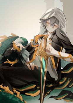 2boys arm_ribbon artist_name black_coat black_hair black_pants black_shirt blush caelus_(honkai:_star_rail) chinese_clothes closed_mouth coat dan_heng_(honkai:_star_rail) dan_heng_(permansor_terrae)_(honkai:_star_rail) dragon_boy dragon_horns dragon_tail grey_hair hair_between_eyes half-closed_eyes hand_up highres holding holding_sword holding_weapon honkai:_star_rail honkai_(series) hood hooded_coat horns kikatsune lapels long_hair long_sleeves looking_at_another looking_down low_ponytail lying lying_on_lap male_focus multiple_boys no_pupils official_alternate_costume official_alternate_hairstyle open_clothes open_coat orange_coat pants ponytail ribbon shirt short_hair simple_background sitting sleeping smile sword t-shirt tail trailblazer_(honkai:_star_rail) two-sided_coat two-sided_fabric veil weapon white_background white_coat white_shirt white_veil yaoi yellow_eyes
