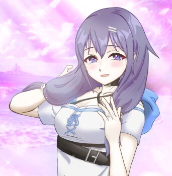 1girl azuracub belt black_belt blush breasts cleavage collar commentary commission dress english_commentary hair_ornament hair_over_shoulder hairclip highres hood hood_down indie_virtual_youtuber jewelry long_hair looking_at_viewer looking_back mattwilliamson9 medium_breasts parallel_hairclips ring short_sleeves smile solo tearing_up tears twintails virtual_youtuber white_dress