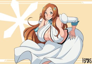 1girl 2023 alternate_breast_size_(larger) artist_name bleach bleach:_sennen_kessen-hen breasts brown_eyes cleavage cleavage_cutout clothing_cutout collarbone commission detached_sleeves female_focus hair_ornament hairclip hand_on_own_hip ilustretsspoks inoue_orihime large_breasts light_blush long_hair long_skirt orange_hair puffy_sleeves simple_background skirt snowflake_hair_ornament