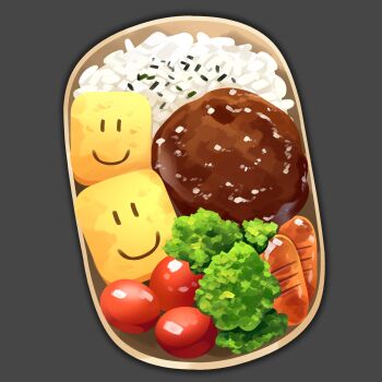 absurdres character-themed_food cherry_tomato commentary cookie english_commentary food food_focus from_above highres himochuu lunchbox no_humans painterly rice roblox sausage still_life tomato
