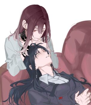 2girls black_coat black_hair closed_mouth coat collared_shirt commentary couch earrings gradient_hair grey_eyes hashtag-only_commentary highres jewelry long_hair long_sleeves multicolored_hair multiple_girls neckerchief on_couch parted_lips path_to_nowhere rahu_(path_to_nowhere) red_eyes red_hair scar scar_on_hand shalom_(path_to_nowhere) shirt simple_background smile touko_35 white_background white_hair white_neckerchief white_shirt yuri