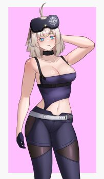 1girl aa-12_(girls&#039;_frontline) absurdres arm_behind_head bags_under_eyes bare_shoulders belt black_choker black_gloves blue_eyes blush breasts brown_hair choker cleavage frown girls&#039;_frontline girls&#039;_frontline_2:_exilium gloves highres hip_focus lind_(girls&#039;_frontline_2) lollipop_in_mouth looking_at_viewer medium_breasts navel purple_shorts purple_tank_top short_shorts shorts solo standing tank_top thighs undercoder