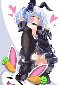 1girl absurdres animal_ears black_dress black_hat black_shoes blue_hair blush closed_mouth commentary_request dress fake_animal_ears fishnet_thighhighs fishnets hat heart high_heels highres hololive mini_hat one_side_up panties pekomon_(usada_pekora) rabbit_ears shoes smile solo stepped_on thighhighs underwear usada_pekora virtual_youtuber white_panties yellow_eyes yokojima_kemomi_mi_chuushin