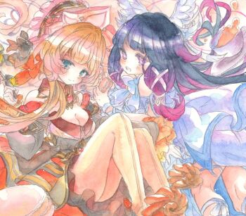 Rule 34 | 2girls, arm ribbon, bare shoulders, black collar, black hair, black sleeves, blue eyes, bonnet, bow, breasts, brown hair, cleavage, closed mouth, collar, columbina (genshin impact), commentary request, cup, detached collar, detached sleeves, dress, fina (sa47rin5), food, genshin impact, gloves, hair bow, hair ornament, hair ribbon, head wings, headdress, highres, holding, holding spoon, leg ribbon, long hair, long sleeves, macaron, multicolored hair, multiple girls, multiple wings, open mouth, painting (medium), pantyhose, pastry, plate, purple eyes, purple hair, purple streaks, ribbon, sandrone (genshin impact), saucer, short hair with long locks, smile, spilling, spoon, streaked hair, tea, teacup, traditional media, two-tone hair, unusually open eyes, very long hair, watercolor (medium), white dress, white headdress, white wings, wing hair ornament, wings, wrist bow