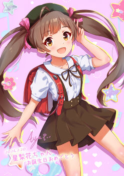 Rule 34 | 1girl, :d, absurdres, ahoge, backpack, bag, beret, black hat, black skirt, brown eyes, brown hair, commentary request, dated, hakozaki serika, hat, highres, idolmaster, idolmaster million live!, koaya, light blush, long hair, looking at viewer, open mouth, pink background, randoseru, school uniform, shirt, short sleeves, signature, skirt, smile, solo, standing, suspender skirt, suspenders, translation request, twintails, white shirt