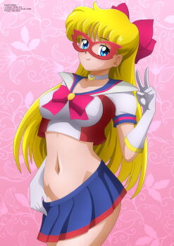 1girl absurdres aino_minako bishoujo_senshi_sailor_moon blonde_hair blue_eyes blue_skirt bow breasts brooch choker clothes_pull codename_wa_sailor_v collarbone crescent crescent_choker domino_mask eye_mask floral_background gloves hair_bow highres jewelry long_hair magical_girl mask medium_breasts midriff navel pink_background red_bow red_mask sailor_v school_uniform serafuku shirt short_sleeves skirt skirt_pull smile toei_company tongue tongue_out v white_gloves white_shirt zel-sama