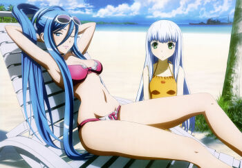 10s 2girls absurdres aoki_hagane_no_arpeggio armpits arms_behind_head battleship beach bikini blue_eyes blue_hair chair cloud cruiser day deck_chair eyewear_on_head folding_chair green_eyes highres iona_(aoki_hagane_no_arpeggio) legs long_hair lounge_chair military military_vehicle multiple_girls navel non-web_source nyantype ocean official_art ogawa_miki one_eye_closed outdoors personification ship silver_hair sky sunglasses swimsuit takao_(aoki_hagane_no_arpeggio) very_long_hair warship water watercraft wink