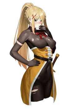 1girl absurdres belt black_bodysuit black_gloves blue_eyes blush bodysuit bow bowtie braid breasts closed_mouth commentary covered_navel cropped_legs darkness_(konosuba) elbow_gloves gloves hair_ornament hand_on_own_hip high_ponytail highres kono_subarashii_sekai_ni_shukufuku_wo! long_hair looking_at_viewer medium_breasts niud ponytail ponytail_with_braided_base red_bow red_bowtie simple_background solo sword torn_bodysuit torn_clothes weapon white_background x_hair_ornament