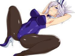 Rule 34 | 1girl, animal ears, armpits, arms up, bad source, blue eyes, blush, bow, bowtie, breasts, brown pantyhose, covered navel, detached collar, fake animal ears, fate/grand order, fate (series), grey hair, haruhisky, high heels, large breasts, leotard, long hair, looking at viewer, lying, miyamoto musashi (fate), on back, pantyhose, playboy bunny, ponytail, purple bow, purple bowtie, purple footwear, purple pantyhose, rabbit ears, simple background, solo, teeth, white background, white wrist cuffs, wrist cuffs