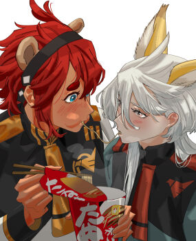 2girls absurdres animal_ears asticassia_school_uniform blue_eyes blush chopsticks commentary_request instant_cup_noodles green_jacket grey_eyes gundam gundam_suisei_no_majo highres holding holding_chopsticks instant_cup_noodles instant_noodles jacket kemonomimi_mode korean_commentary long_hair long_sleeves looking_at_another miorine_rembran multiple_girls parted_lips raccoon_ears red_hair school_uniform simple_background snapagi suletta_mercury thick_eyebrows white_background white_hair white_jacket yuri