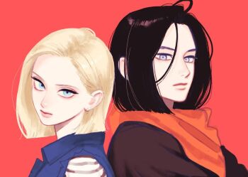 Rule 34 | 1boy, 1girl, android 17, android 18, bandana, bandana around neck, black hair, black shirt, blonde hair, blue eyes, blue jacket, brother and sister, close-up, collared jacket, denim, denim jacket, dragon ball, dragonball z, earrings, jacket, jewelry, looking at viewer, mika yamamori, orange bandana, parted bangs, red background, shirt, short hair, siblings, simple background, sleeveless, sleeveless jacket, striped clothes, striped shirt, torn clothes, torn sleeves