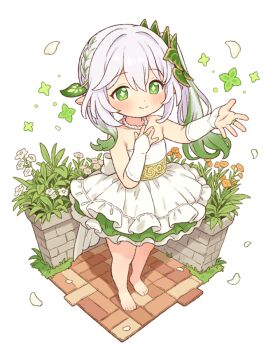 1girl bare_shoulders barefoot commentary dress genshin_impact green_eyes green_hair jewelry multicolored_hair nahida_(genshin_impact) necklace onyhakase pointy_ears side_ponytail smile solo strapless strapless_dress white_dress white_hair