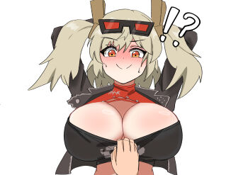 1boy 1girl alternate_hair_color arms_behind_head arms_up black_jacket black_shirt blush breasts burnice_white closed_mouth clothes_pull confused cropped_jacket cropped_shirt dot_nose embarrassed eyebrows_hidden_by_hair grey_hair hetero huge_breasts jacket medium_hair mihoyo open_clothes open_jacket orange_eyes pov pov_crotch pulling_another's_clothes red_shrug shirt shrug_(clothing) simple_background smile solo_focus strapless strapless_shirt sunglasses sunglasses_on_head surprised tinanago_tataki twintails upper_body white_background zenless_zone_zero