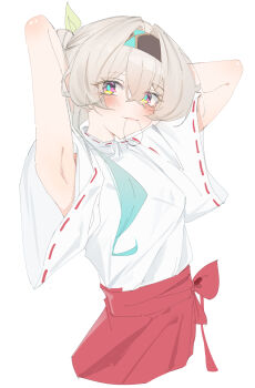 1girl absurdres armpits arms_behind_back arms_up brown_hairband closed_mouth firefly_(honkai:_star_rail) gradient_eyes gradient_hair green_pupils grey_hair hair_between_eyes hair_intakes hair_ornament hair_tie_in_mouth hairband highres honkai:_star_rail honkai_(series) hua_(yijing) japanese_clothes long_hair miko mouth_hold multicolored_eyes multicolored_hair ponytail red_skirt simple_background skirt solo sweatdrop white_background