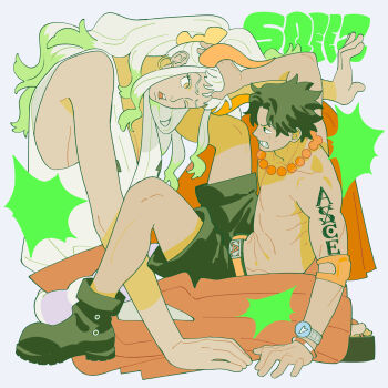 1girl arm_tattoo arm_up bead_necklace beads belt black_boots black_shorts boots breasts cleavage curled_horns earrings elbow_pads english_text freckles furrowed_brow green_hair hair_ornament hand_on_another&#039;s_head highres hoop_earrings horns japanese_clothes jewelry kimono long_hair multicolored_hair necklace nyan_2020 one_eye_closed one_piece open_mouth orange_belt orange_pupils ponytail portgas_d._ace rope shimenawa short_hair shorts sideboob sidelocks sitting sitting_on_person sleeveless stuck_in_a_box tattoo topless_male watch white_hair wristband yamato_(one_piece)