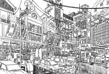 absurdly_detailed_composition absurdres analog_clock building car chinese_commentary clock commentary_request greyscale highres lamppost lineart monochrome motor_vehicle original outdoors people power_lines road scenery shop shopping_district sign street timestamp traditional_media translation_request urban yamaguti