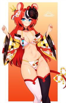 1girl :p animal_ear_fluff animal_ears arms_up asymmetrical_legwear black_choker black_hair black_mask black_streaks blue_eyes blush bow bra breasts choker commentary detached_sleeves floral_print floral_print_bra floral_print_panties flower gradient_background hair_between_eyes hair_bun hair_flower hair_ornament hair_stick hakos_baelz hakos_baelz_(new_year) highres hololive hololive_english large_breasts long_hair mask mask_on_head mouse_ears mouse_mask mouse_tail multicolored_hair multicolored_sleeves navel notte panties print_panties red_hair smile standing sun_symbol tail tail_bow tail_ornament thighhighs thighs tongue tongue_out twintails underwear uneven_twintails virtual_youtuber white_hair