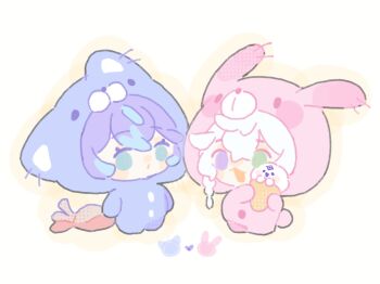 Rule 34 | 2boys, :o, animal costume, blue hair, chibi, full body, green eyes, heart, heterochromia, highres, holding, holding ice cream cone, hoshirube sho, ice cream cone, male focus, multicolored hair, multiple boys, murakumo kagetsu, nijisanji, open mouth, pajamas, purple eyes, purple hair, shuxingbuming moxiaobai, simple background, smile, streaked hair, watakumo (murakumo kagetsu), white background, white hair, yellow background