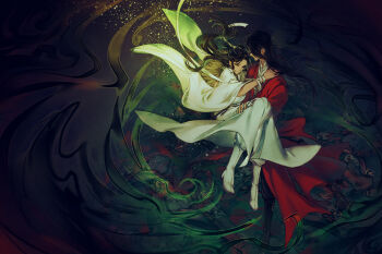 2boys bandaged_arm bandages black_boots black_hair black_pants black_smoke boots brown_hair carrying chinese_clothes chinese_commentary closed_eyes closed_mouth commentary_request couple floating floating_clothes floating_hair full_body hair_bun hair_ribbon hanfu hat hat_on_back hua_cheng hug long_hair long_sleeves male_focus multiple_boys pants pointy_ears princess_carry red_hanfu red_shirt ribbon rice_hat robe sash shirt single_hair_bun standing starember tianguan_cifu unconscious undershirt unworn_hat unworn_headwear white_boots white_hanfu white_pants white_ribbon wide_sleeves xie_lian yaoi