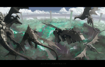 Rule 34 | cloud, dragon, flying, landscape, letterboxed, nature, panorama, pixiv fantasia, pixiv fantasia 1, river, scenery, sky, tsukuba masahiro, water