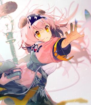 Rule 34 | 1girl, animal ears, arknights, black hairband, cat ears, cat girl, closed mouth, coat, floppy ears, goldenglow (arknights), hairband, lightning bolt print, long sleeves, multicolored coat, namie-kun, open clothes, open coat, pink coat, pink hair, print hairband, short hair, solo, staff, two-tone coat, yellow eyes