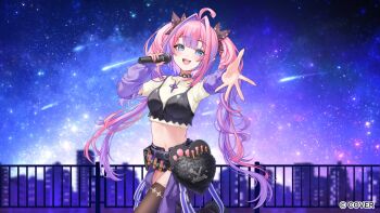 1girl :d ahoge belt_pouch black_boots black_bow black_bra black_choker black_shorts black_thighhighs blue_eyes boots bow bra bra_over_clothes center-flap_bangs choker colored_inner_hair commentary_request copyright_name cropped_shirt double-parted_bangs hair_bow hair_intakes hand_up highres holding holding_microphone hololive hololive_dev_is kikirara_vivi long_hair looking_at_viewer microphone midriff multicolored_hair nail_polish navel night night_sky official_art open_fly open_mouth outdoors outstretched_arm pants pink_hair pink_nails pouch purple_arm_warmers purple_hair purple_pants reaching reaching_towards_viewer shirt shooting_star short_shorts shorts sky smile solo streaked_hair teeth thighhighs twintails tyabesu underwear upper_teeth_only very_long_hair virtual_youtuber white_shirt