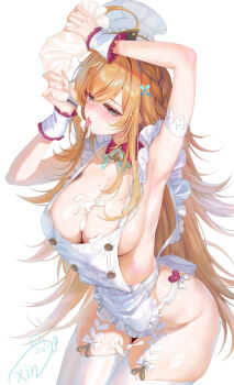 1girl apron aqua_eyes arm_up armpits artist_name blonde_hair blush braid breasts chef_hat cleavage cowlick cream cream_on_body cream_on_breasts detached_collar escoffier_(genshin_impact) fork_hair_ornament frilled_apron frills genshin_impact hair_between_eyes hand_up hat heart heart_in_eye heart_ornament highres holding holding_pastry_bag icing large_breasts long_hair looking_ahead naked_apron obiwan pastry_bag sexually_suggestive side_braid sideboob sidelocks simple_background solo standing sweat symbol_in_eye thighhighs thighs tongue tongue_out toque_blanche very_long_hair weisuoxin white_apron white_background white_thighhighs wrist_cuffs