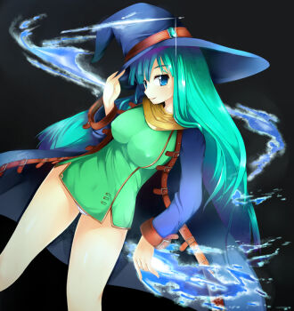 blue_eyes covered_erect_nipples green_hair hat hubrael long_hair masou_shizuka panties rance_(series) sengoku_rance tagme underwear very_long_hair