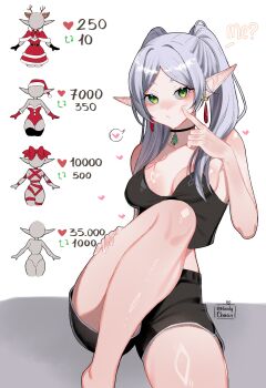 1girl absurdres crop_top elf finger_to_cheek frieren green_eyes grey_hair highres noodychaan pointy_ears shiny_skin shorts sousou_no_frieren thighs twitter_strip_game