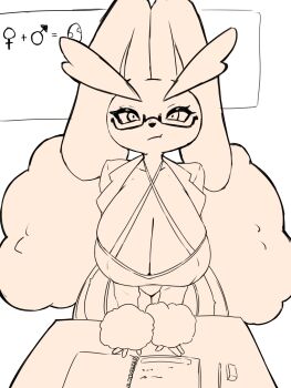 1girl :/ :t animal_nose body_fur book breasts cleavage closed_mouth collarbone equation eraser female_focus furry furry_female gen_4_pokemon glasses highres huge_breasts jacket leaning_forward long_animal_ears looking_at_viewer lopunny mars_symbol monochrome nintendo open_book open_clothes open_jacket pencil pince-nez pokemon pokemon_(creature) rabbit_ears rabbit_girl semi-rimless_eyewear sketch skindentation solo straight-on venus_symbol wozzu