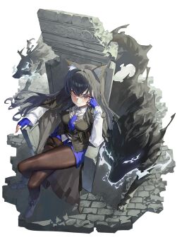 1girl animal_ear_fluff animal_ears arknights arm_rest black_cape black_hair black_pantyhose black_vest blue_gloves blue_necktie blue_shorts boots breasts cape closed_mouth collared_shirt crossed_legs fingerless_gloves from_above full_body gloves highres index_finger_raised long_hair long_sleeves looking_at_viewer m.q_(mqkyrie) necktie pantyhose pantyhose_under_shorts shirt shorts sitting sitting_on_throne solo stone_floor sword texas_(arknights) texas_the_omertosa_(arknights) thigh_strap throne transparent_background vest weapon white_boots white_shirt wolf wolf_ears wolf_girl yellow_eyes