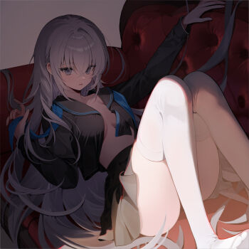 1girl adcd black_sailor_collar black_shirt black_skirt blue_neckerchief breasts commentary grey_eyes grey_hair hair_between_eyes highres long_hair medium_breasts neckerchief open_clothes open_shirt original sailor_collar shirt skirt solo thighhighs thighs white_thighhighs