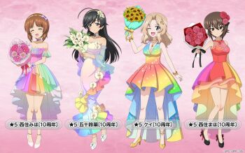 4girls ahoge anklet bare_arms bare_legs bare_shoulders black_eyes black_hair black_ribbon black_shoes blonde_hair blue_eyes blush bouquet bow bracelet breasts brown_eyes brown_hair character_name choker cleavage closed_eyes collarbone daisy_(flower) dress floral_print flower full_body girls_und_panzer girls_und_panzer_senshadou_daisakusen! gradient_background gradient_clothes gradient_dress hair_between_eyes hair_flower hair_intakes hair_ornament hairband high-low_dress high_heels highres holding holding_bouquet huge_ahoge isuzu_hana jewelry kay_(girls_und_panzer) layered_dress legs long_dress long_hair looking_at_viewer medium_hair multiple_girls necklace nishizumi_maho nishizumi_miho official_art one_eye_closed open_mouth orchid pink_background pink_flower pink_ribbon purple_bow rainbow_dress rainbow_gradient red_flower ribbon see-through_clothes see-through_sleeves shoes short_hair sleeveless sleeveless_dress smile standing star_(symbol) star_hair_ornament star_print sunflower thighs translated wavy_hair white_flower white_shoes yellow_flower yellow_ribbon yellow_shoes