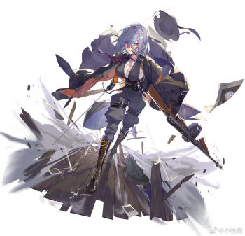 1girl black_pants black_shoes breasts chinese_commentary commentary_request girls'_frontline long_sleeves official_art pants purple_hair shirt shoes short_hair solo thompson_(girls'_frontline) thompson_(infernal_hannya)_(girls'_frontline) white_background white_shirt xiao_qiang_sang