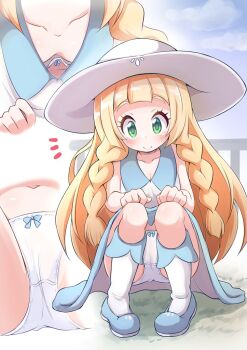 Rule 34 | 1girl, blonde hair, blue hat, blue shoes, blush, bow, bow bra, bow panties, bra, braid, breasts, cameltoe, closed mouth, collared dress, downblouse, dress, female focus, full body, green eyes, hat, lillie (pokemon), long hair, multiple views, navel, nintendo, notice lines, paid reward available, panties, pantyshot, pokemon, pokemon sun and moon, shoes, sleeveless, sleeveless dress, small breasts, smile, socks, solo, squatting, sun hat, tomagiri, twin braids, underwear, very long hair, white bra, white dress, white hat, white panties, white socks