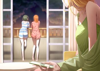 Rule 34 | 3girls, absurdres, apple print, balcony, blonde hair, blue shirt, blue shorts, brown hair, cellphone, cloud, commentary request, dusk, food print, fruit print, gradient sky, heanna sumire, highres, holding, holding phone, idobata, long hair, long sleeves, looking at another, love live!, love live! superstar!!, medium hair, multiple girls, orange hair, pajamas, phone, pink shirt, pink shorts, shibuya kanon, shirt, shorts, sky, smartphone, striped clothes, striped shirt, striped shorts, table, tang keke, white shirt, white shorts, yellow shirt