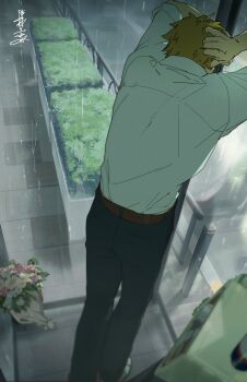 1boy absurdres belt black_pants blonde_hair bouquet brown_belt chainsaw_man collared_shirt denji_(chainsaw_man) flower highres indoors kuno_(runkunochan) pants phone_booth rain shirt shirt_tucked_in shoes signature sleeves_rolled_up solo white_shirt white_shoes