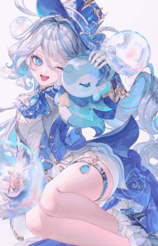 1girl absurdres ahoge air_bubble ascot asymmetrical_gloves batory_ken black_gloves blue_ascot blue_eyes blue_gem blue_hair blue_hat blue_jacket blue_pupils blue_streaks blush brooch bubble commentary drop-shaped_pupils eyelash_ornament feet_out_of_frame furina_(genshin_impact) gem genshin_impact gloves hair_between_eyes hat high_heels highres jacket jewelry long_hair long_sleeves mismatched_gloves multicolored_hair one_eye_closed open_mouth shorts sitting solo streaked_hair surintendante_chevalmarin symbol-shaped_pupils teardrop-shaped_gem thigh_strap top_hat untranslatable_commentary vision_(genshin_impact) white_background white_gloves white_hair white_shorts yokozuwari