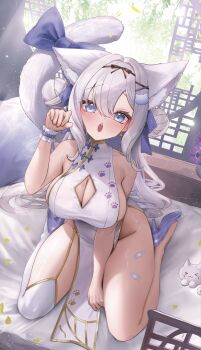 1girl absurdres animal_ears bandaid bandaid_on_leg black_bow blue_eyes bow breasts cat_hair_ornament character_request china_dress chinese_clothes cleavage cleavage_cutout clothing_cutout commission copyright_request double_bun dress earrings flower gold_trim grey_hair hair_bun hair_ornament high_heels highres jewelry large_breasts long_hair maison_de_cante open_mouth paw_print pelvic_curtain purple_flower purple_shoes shoes single_thighhigh skeb_commission solo tail tail_bow tail_ornament teeth thighhighs upper_teeth_only white_dress white_thighhighs