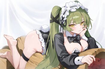 1girl absurdres airi_(ugpv2858) apple ass barefoot bigwood_(trickcal) black_bow black_bowtie black_leotard black_ribbon black_sleeves blush bow bowtie breasts cleavage commentary_request detached_collar detached_sleeves fake_tail food frilled_hairband frilled_leotard frills fruit full_body furrowed_brow green_hair hairband hand_on_own_cheek hand_on_own_face highres humanization korean_commentary leotard long_hair long_sleeves looking_at_viewer lying maid maid_leotard medium_breasts on_stomach rabbit_tail ribbon solo tail thigh_strap trickcal twintails unconventional_maid white_background yellow_eyes