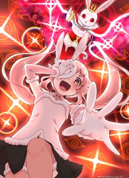 absurdres animal_ears cloak enfant_terrible_(madoka_magica) fake_animal_ears highres lapin_(madoka_magica) long_hair magia_record:_mahou_shoujo_madoka_magica_gaiden magical_girl mahou_shoujo_madoka_magica mahou_shoujo_tart_magica mask pink_hair rabbit_ears red_eyes skirt smile sphere_stone thighhighs too_many_eyes witch_(madoka_magica)
