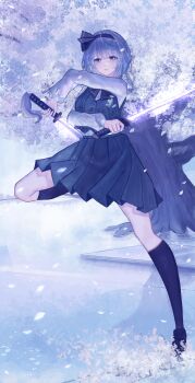 bad_tag black_bow black_hairband black_socks blue_grey_eyes bow cherry_blossom_background cherry_blossoms double_swords double_wielding falling_petals green_skirt green_waistcoat grey_eyes grey_hair hair_ornament hairband katana kneehighs konpaku_youmu mirror_image mirror_opposites perfect_cherry_blossom petals samurai shirt silver_hair skirt socks sword swordswoman thighs touhou unearthly unworldly weapon white_cherry_blossoms white_shirt