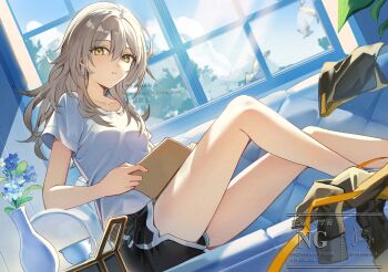 1girl adversarial_noise couch cup dolphin_shorts dutch_angle flower grey_hair honkai:_star_rail honkai_(series) long_hair looking_at_viewer miyanami_3 plant potted_plant shorts sitting solo stelle_(honkai:_star_rail) trailblazer_(honkai:_star_rail) unworn_clothes vase watermark yellow_eyes