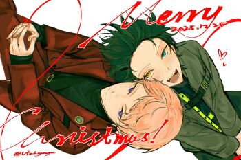 2boys belt_buckle black_shirt blazer bright_pupils brooch buckle closed_mouth commentary dated ensemble_stars! fingernails green_hair heart heterochromia highres itsuki_shu jacket jewelry kagehira_mika lapels layered_clothes long_sleeves looking_at_viewer male_focus merry_christmas multiple_boys open_clothes open_jacket open_mouth pink_hair purple_eyes shirt short_hair simple_background smile split_mouth string string_of_fate symbol-only_commentary teeth twitter_username utahyaya valkyrie_(ensemble_stars!) white_background white_pupils yellow_eyes