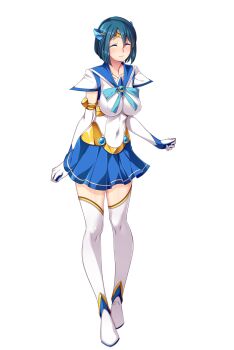 1girl ^_^ alternate_costume blue_hair blue_sailor_collar blue_skirt blush boots breasts closed_eyes covered_navel elbow_gloves full_body game_cg gloves hair_ornament highres impossible_clothes large_breasts large_variant_set magical_girl mizushima_aoi nana_g non-web_source official_art pleated_skirt sailor_aqua_(sailor_element) sailor_collar sailor_element sailor_senshi_uniform short_hair skirt smile solo standing thigh_boots thighhighs transparent_background variant_set white_gloves zettai_ryouiki