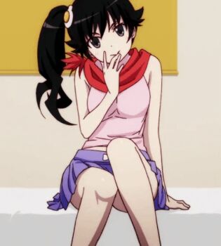 1girl animated animated_gif araragi_karen bed bed_sheet black_eyes black_hair breasts camisole cropped dot_nose egg_hair_ornament female_focus food-themed_hair_ornament hair_ornament indoors legs long_hair looking_at_viewer medium_breasts midriff miniskirt monogatari_(series) open_mouth pink_camisole pleated_skirt purple_skirt red_scarf scarf sexually_suggestive side_ponytail sitting skirt sleeveless solo solo_focus stomach thighs