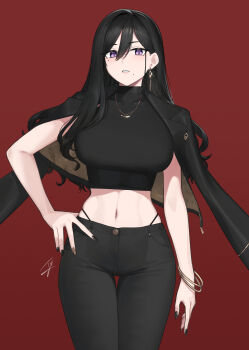 1girl arm_at_side black_jacket black_nails black_panties black_pants black_shirt blush bracelet breasts classy-black-haired_girl_(hayabusa) cowboy_shot crop_top cropped_shirt earrings hair_between_eyes hand_on_own_hip hayabusa_(vert_320) highleg highleg_panties highres jacket jacket_on_shoulders jewelry large_breasts long_hair looking_at_viewer mole mole_under_eye mole_under_mouth nail_polish navel necklace original panties pants parted_lips purple_eyes red_background shirt signature simple_background solo standing stomach underwear