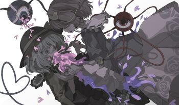 2girls black_hairband black_hat bloodshot_eyes blue_shirt eyeball floral_print frilled_shirt_collar frilled_sleeves frills green_eyes green_hair green_skirt hair_ornament hairband hat hat_ribbon heart heart_hair_ornament heart_of_string highres holding_hands komeiji_koishi komeiji_satori ludo_(grapewood1005) multiple_girls pink_hair pink_skirt ribbon rose_print shirt siblings sisters skirt third_eye touhou vomiting white_background wide_sleeves yellow_ribbon yellow_shirt